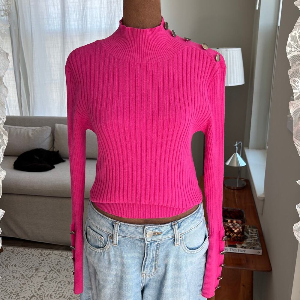 2000s INC International Concepts Hot Pink Ribbed Turtleneck Button Detail Medium